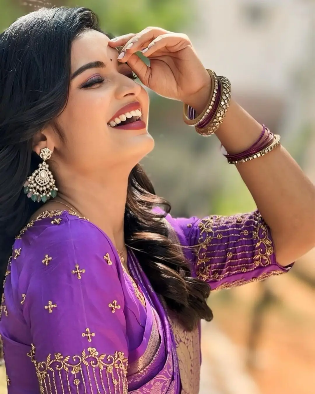 ETV Actress Priyanka Jain Wearing Violet Saree Blouse